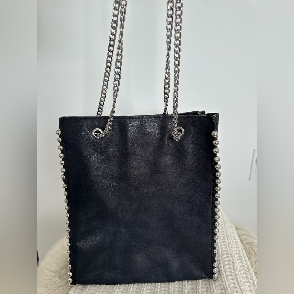 Zara grey metallic shoulder bag, nice silver chain, stud trim.
